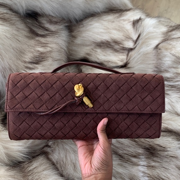 Brown Woven Suede Clutch with Gold Accent - Picture 5 of 8